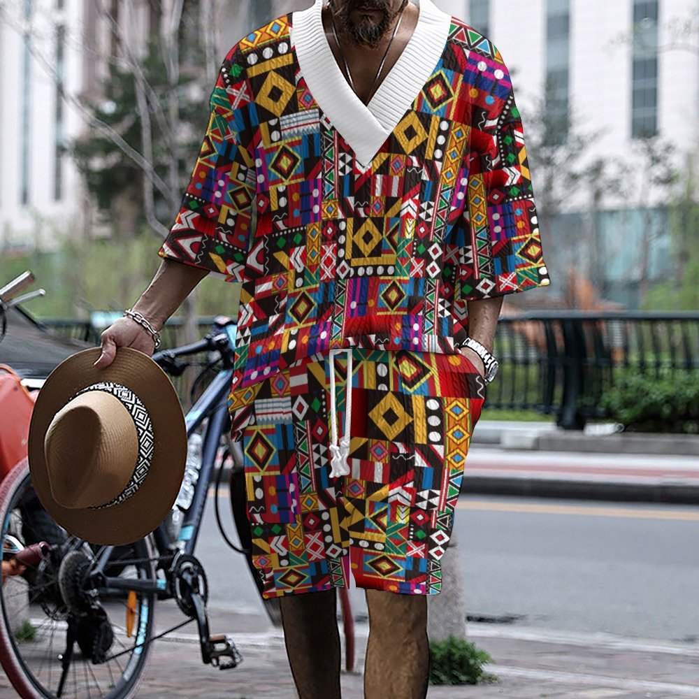 European and American Export Amazon Trendyy Technology Plaid Printed Large Size Off-shoulder Men's Knitted Short-sleeved Shorts Set