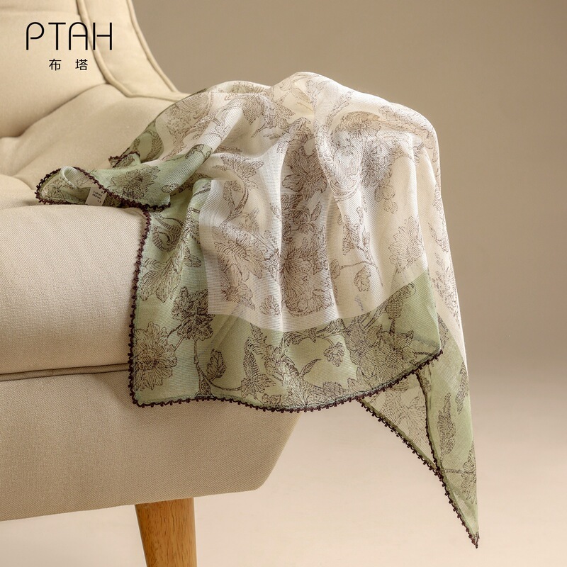 Buta printed wool women's scarf with lace trim, designer style, green, thin, high-end PT26K739 Buta printed wool women's scarf with lace trim, designer style, green, thin, high-end PT26K739