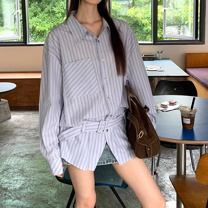 蓝色衬衫女秋季外套法式上衣高级独特别致长袖宽松条纹衬衣2025秋|undefined