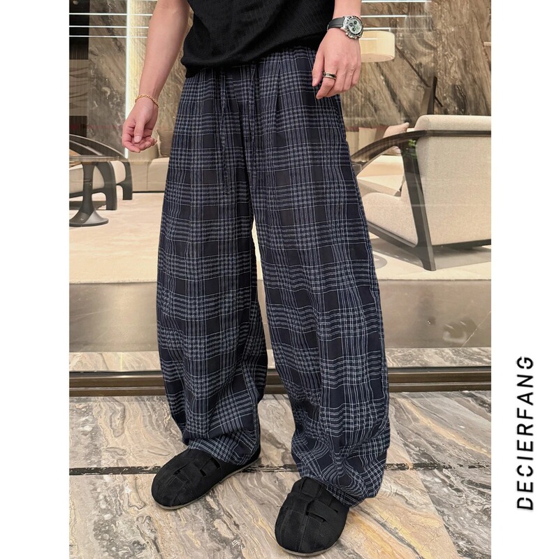 Blue American-Style Plaid Straight-Leg Pants, Summer Thin Wide-Leg Pants, Casual Pants, Comfortable, Trendy, Versatile
