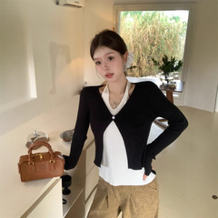 韓国のvネックの偽の2つの首の長袖のニットのニットの秋の女装の新型の中で身を修めるのはやせている気質の上着を現します。