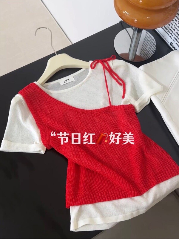オリジナルデザイン！韓国オリジナルの新しい夏のニット半袖サスペンダーツーピースレイヤードトップ女性用|undefined