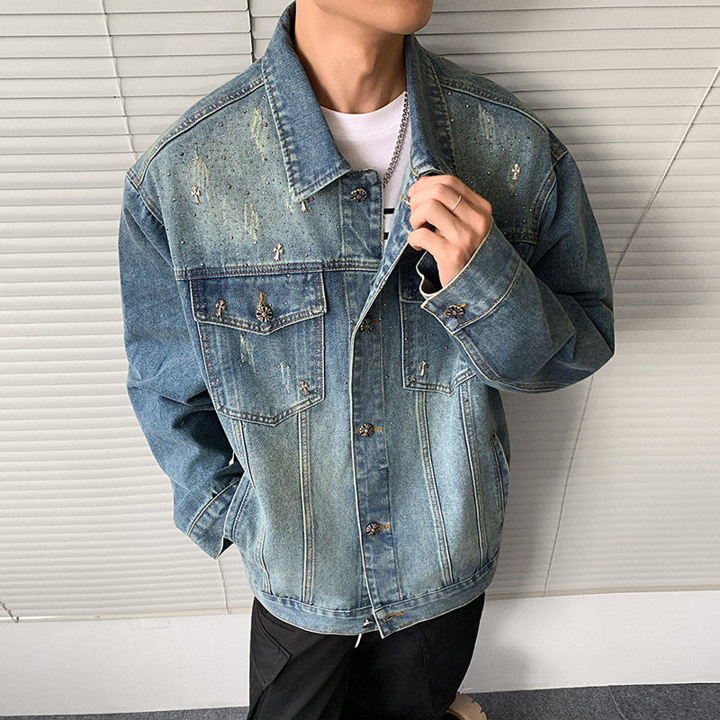 新款男装休闲夹克春秋季 外贸潮流高街十字架烫钻宽松牛仔外套男|undefined