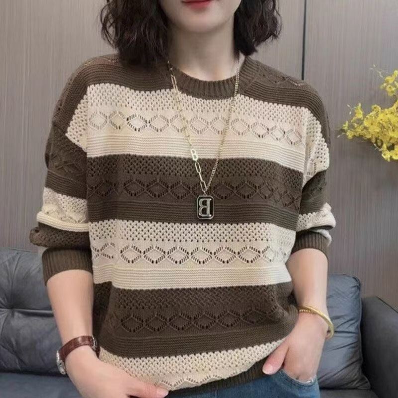 2026 Spring and Autumn Thin Pullover New Fashion Striped Patchwork Knit Sweater Loose Fit Belly Covering Versatile Plus Size Sweater
