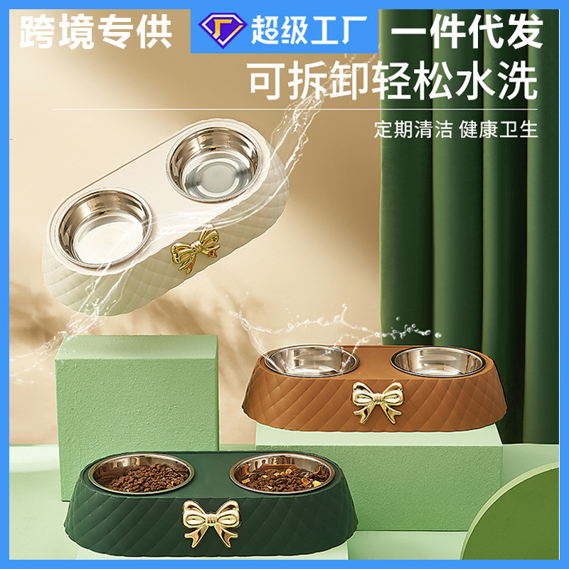 Nuevo arco Pet Bowl perro vajilla de acero inoxidable doble tazón antidetonante antideslizante luz lujo gato tazón al por mayor