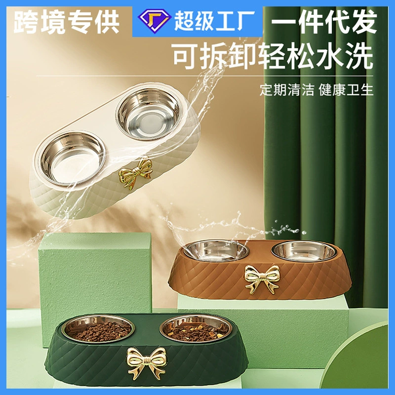 Новая модель бант миска для домашних животных собачий поедок из нержавеющей стали двойная чаша анти-опрокидывание противоскользящая легкая роскошная миска для кошек оптом