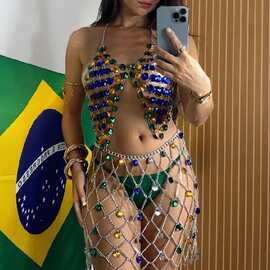 10198欧美跨境ins混色水钻luxury胸链身体链半裙套装bodychain