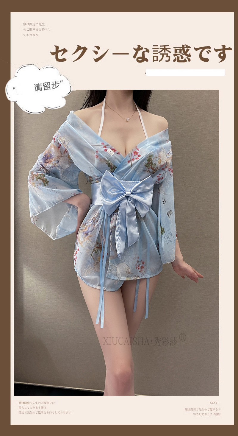 Japanese Print Kimono Three-Piece Lingerie Set with Robe, Belt and Thong — detail image 3