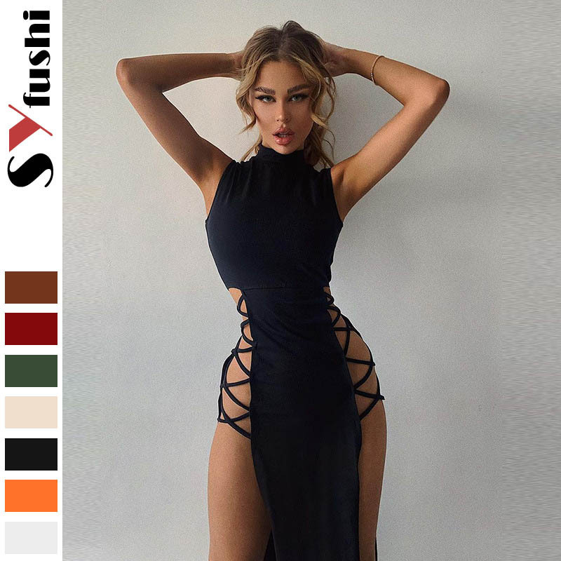 American Amazon Summer Women's Half Turtleneck Vest Slim Sleeveless European and American Style Slit Sexy Sexy Dress