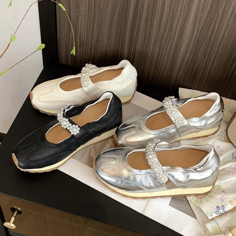 7CM ~ Thick Sole Elevated Ballet Shoes Women's Pearl Belt Mary Jane Shoes Women's Sports Forrest Gump Shoes