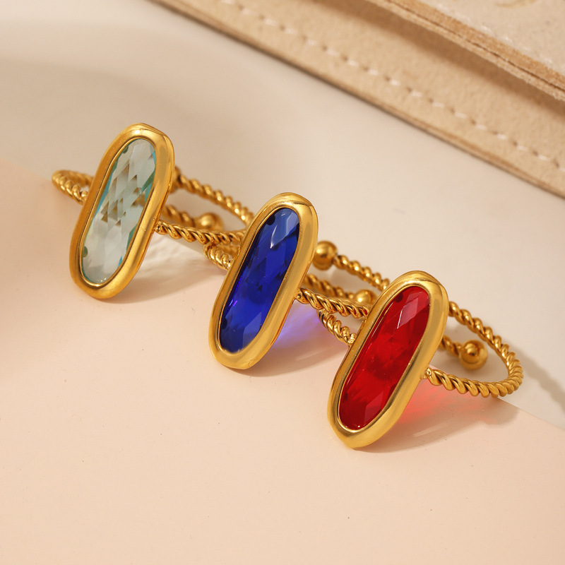 Mili ヨーロッパとアメリカの 18 k リアルゴールドステンレス鋼リングチェコガラスねじ鋼球オープンレディースジュエリーハンドジュエリー|undefined