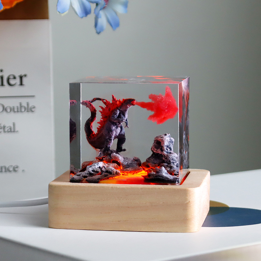 Micro Sandalwood European-style  Creative Crystal Buried Godzilla Mini Night Light Gel Dropping for Students and Children Gifts