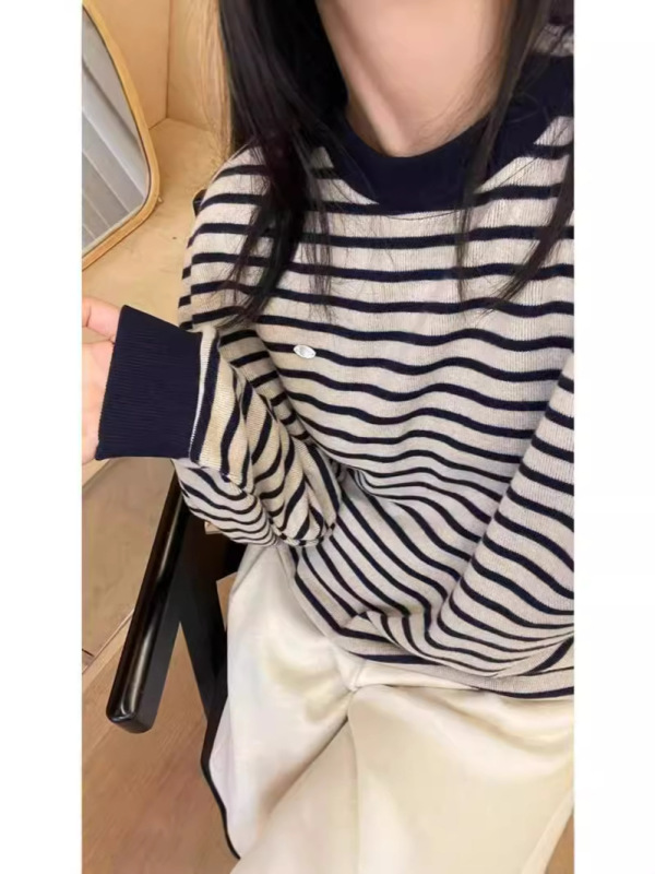 春秋装新款条纹卫衣女薄款复古无帽休闲宽松圆领学生长袖上衣|undefined
