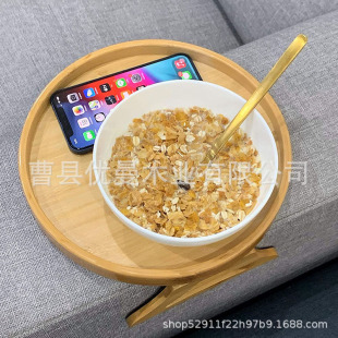 Factory wholesale cross-border Nordic portable sofa armrest wooden disc foldable tea table storage tray