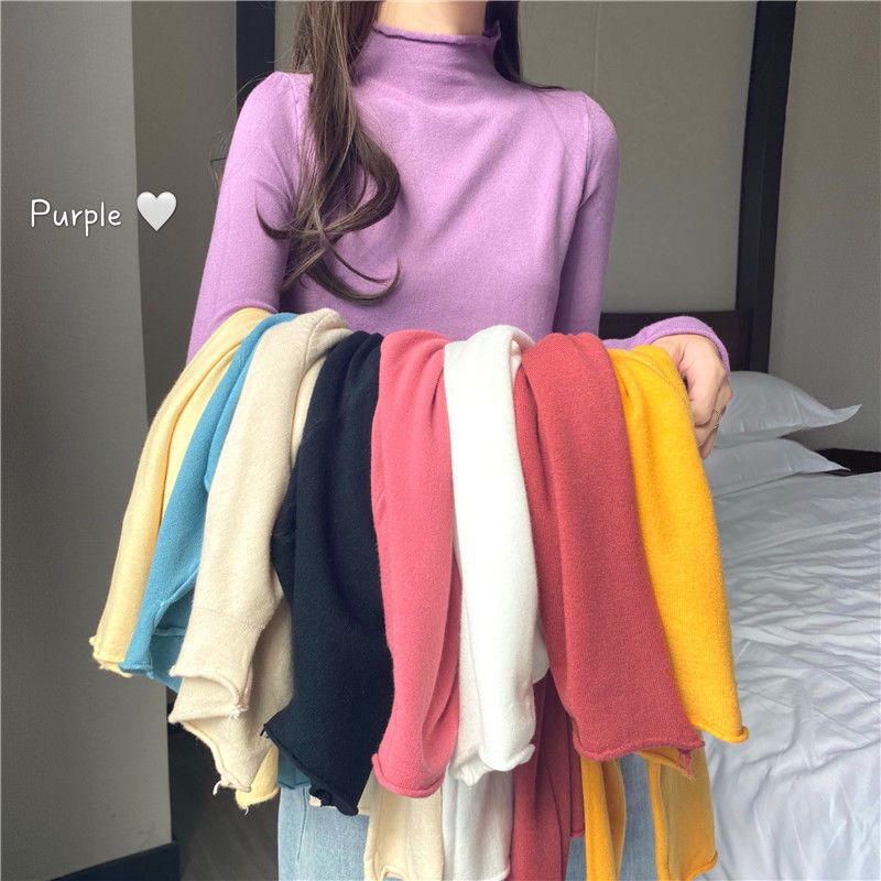Trendy Versatile Rolled Edge Half-High Collar Knit Sweater for Women, New Winter Loose Pullover Long-Sleeve Base Shirt Top