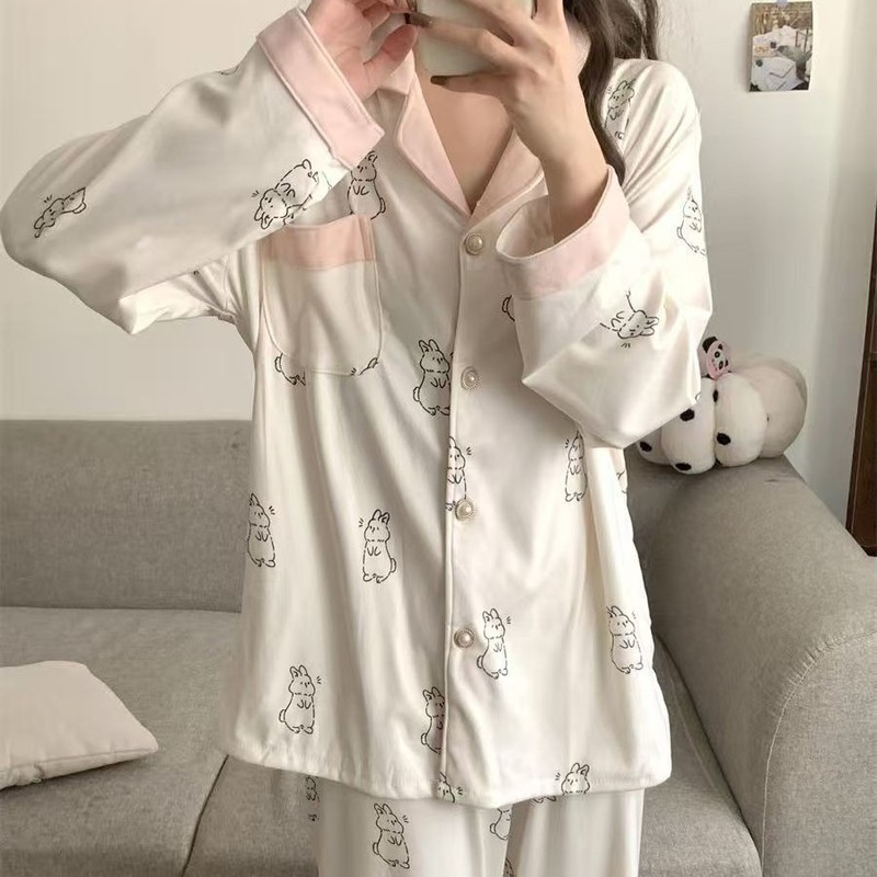 秋冬季睡衣女德绒加厚保暖卡通可爱兔子韩版舒适休闲风家居服套装|undefined