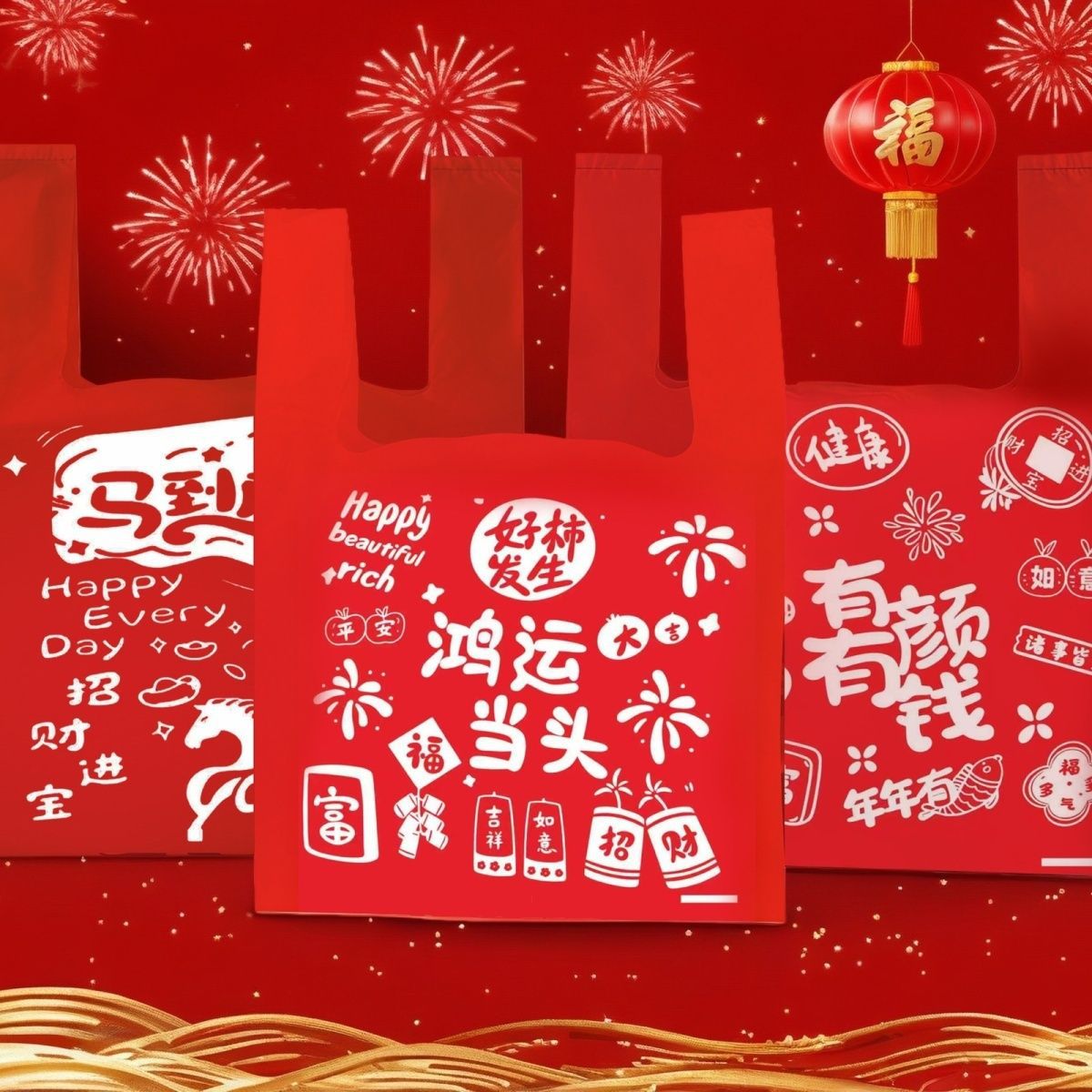 加厚过年红色喜庆外卖打包袋塑料袋批发商用节日礼品袋超市便利店