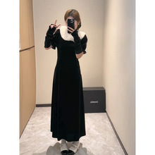 2025秋冬新款名媛千金可拆卸娃娃领系带丝绒袖套连衣裙女气质长裙