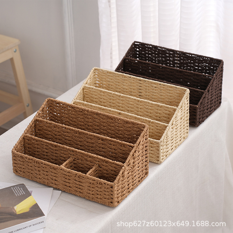 cuerda de papel trenzada estante de almacenamiento de escritorio multiplaca utensilios de oficina cosméticos papelería cesto de almacenamiento despeje