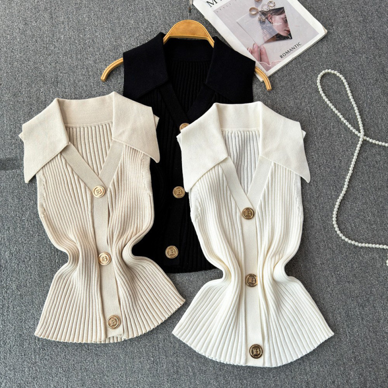 Chanel Style Knitted Vest Women's Summer Thin Design Niche POLO Collar Slimming Short Chic Neck Top