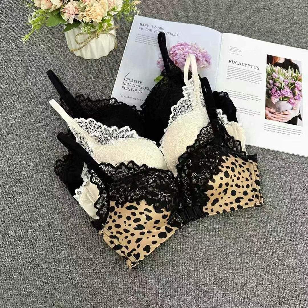 Inventario de ropa interior sexy con hebilla frontal con estampado de leopardo reunido, gran soporte superior, anti-flacidez, sujetador de mujer de encaje sin anillo de acero 6060 #