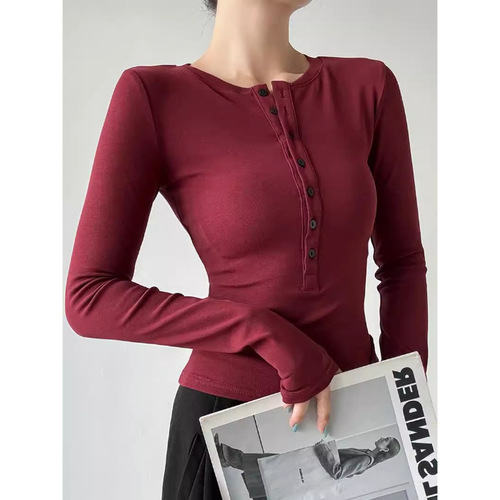 Hot girl sexy half-open collar long-sleeved right shoulder tight top women's autumn and winter figure-showing bottoming shirt slim T-shirt