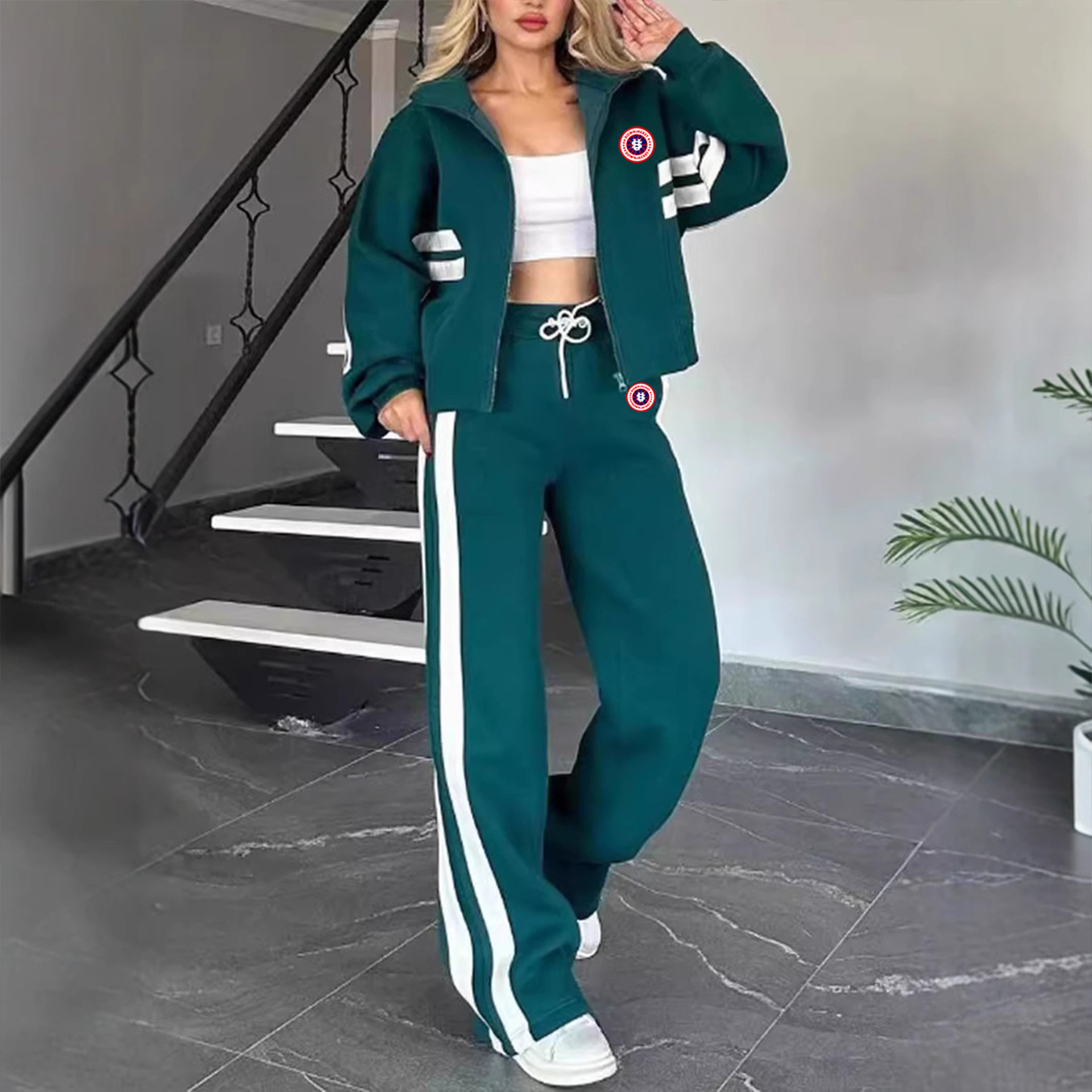 Women's Us Map Print Matching Set Colour-block Sweatshirt Joggers_voghion.com