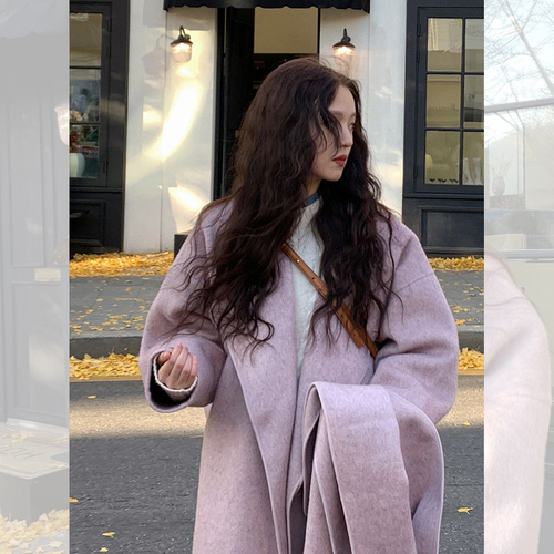 紫色双面羊绒大衣女秋冬季长款新款小个子韩系赫本风毛呢外套