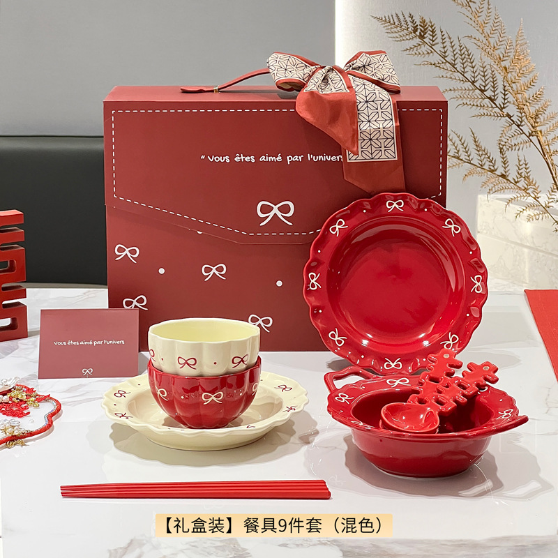 Juego de platos de regalo de compromiso de recién casados, vajilla de caja de regalo de boda para el hogar, vajilla roja de cerámica, vajilla, vajilla, regalo
