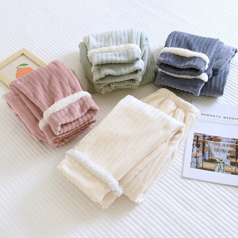 Winter Thickened Fleece Flannel Pajama Pants for Women, Warm Long Pants, Coral Fleece, Straight-Leg, Loose, Plus-Size Loungewear Pants
