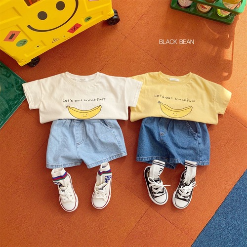 한국 아동복 2023 여름 새 소년 · 소녀 면 바나나 낙서 경량 캐주얼 라운드 넥 어린이 반팔 티셔츠