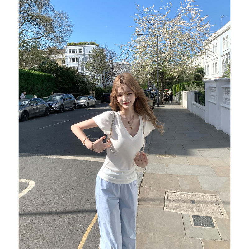 Jms Evaporated Paper Tee Is Comfortable to First ~ Tencel Wool V-Neck T-Shirt Women's Design Summer Short-Sleeved Top