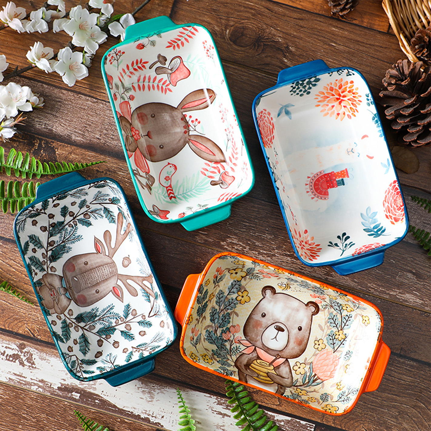 Placa de cerámica de dibujos animados lindo plato para hornear con mango restaurante hogar plato doble oreja placa de arroz al horno placa occidental al por mayor