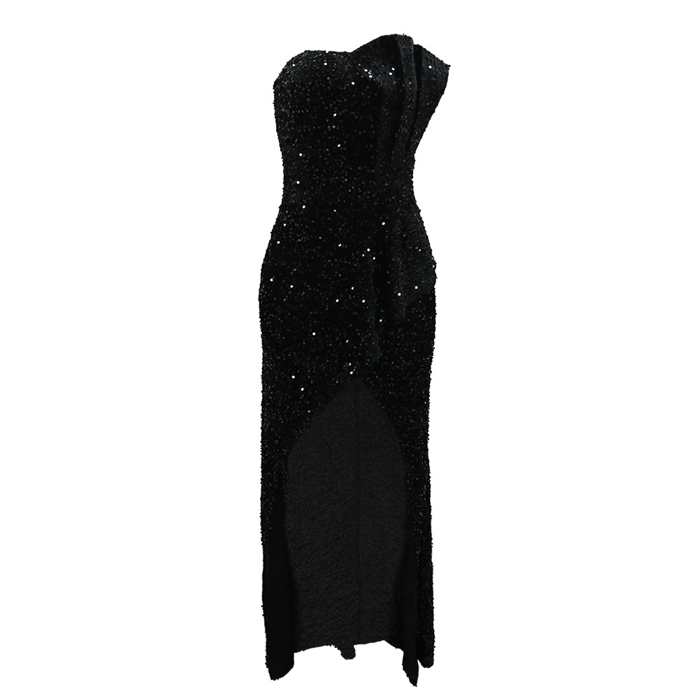 Sequined Evening Dress Sexy Tube Top Irregular Asymmetric Dress Trailing Dress Women