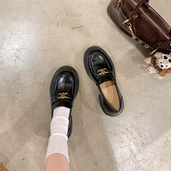 牛皮葡萄妈同款凯旋门金扣一脚蹬懒人真皮厚底乐福鞋女英伦小皮鞋