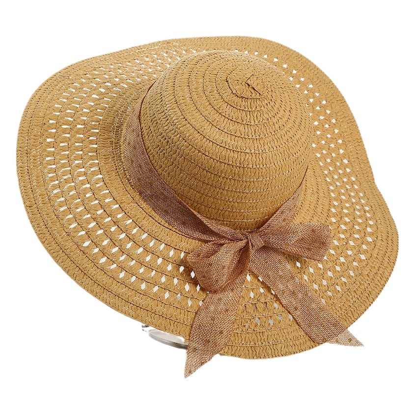 Sombrero de paja con lazo – estilo veraniego, ala ancha, para playa o vacaciones al aire libre
