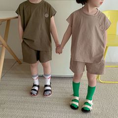 Children's Summer Suit Girls Pure Cotton 2023 New Summer Suit Smiling Little Boy Casual Baby Vest Two-piece Set