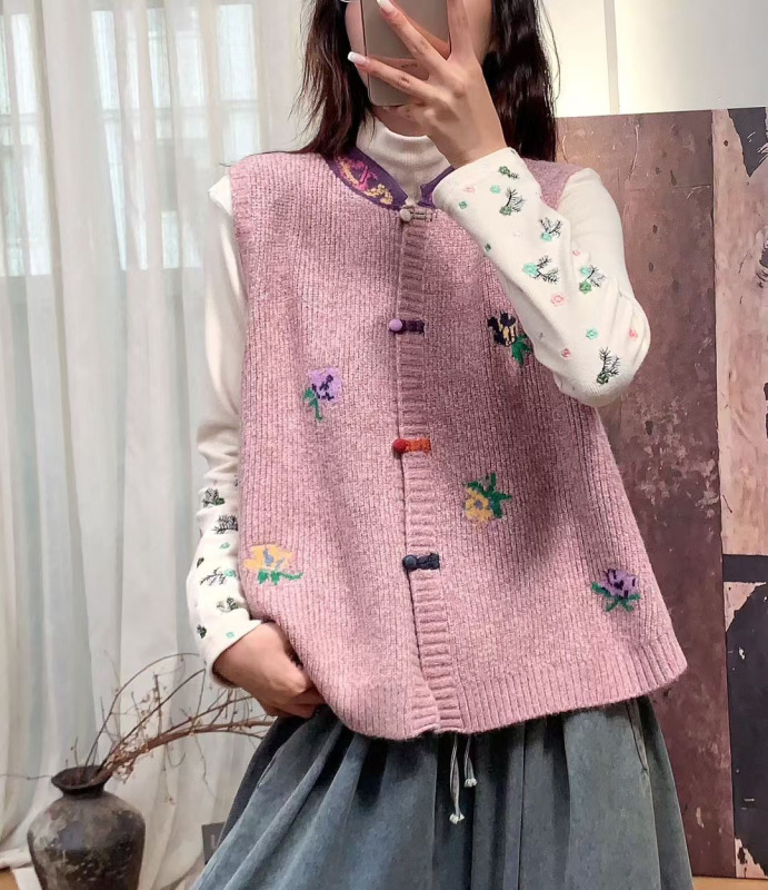 新品纽扣开衫撞色背心女复古文艺叠穿无袖针织马甲|undefined