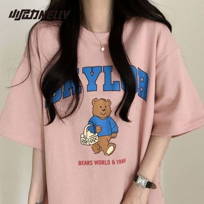 アニメ半袖tシャツ夏ゆるいベアープリント丸首半袖ins香港風ヒップホップ潮牌半袖服