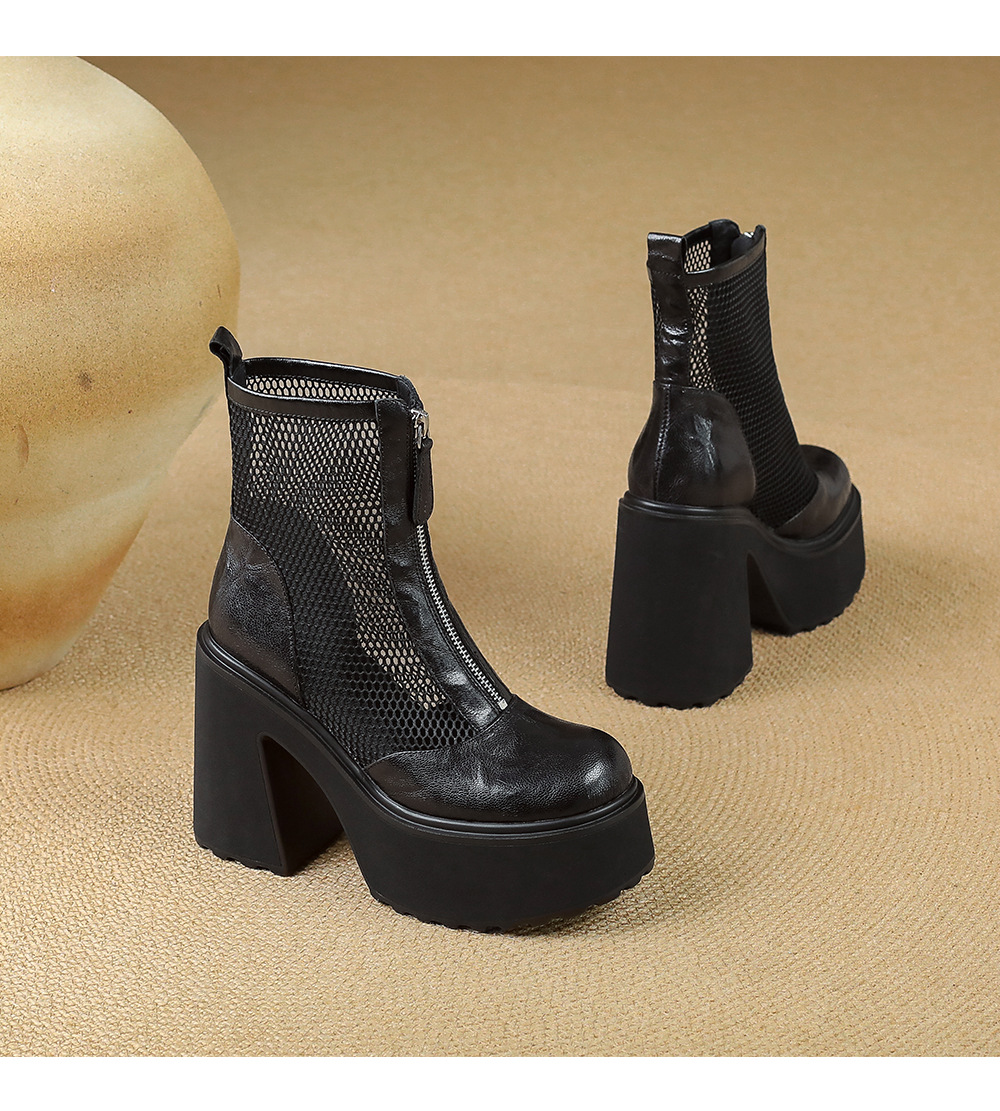 Boot nữ đế dày cao gót lưới thoáng khí kéo khóa trước phong cách combat — màu đen chi tiết 16