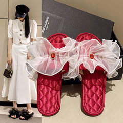 本命年紅色喜慶涼拖女 綢緞小香風家居涼拖鞋 大紅色新娘新郎婚鞋