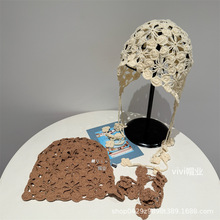 日系欧美复古风四季多用镂空手钩花朵休闲甜美护耳修脸帽围脖女