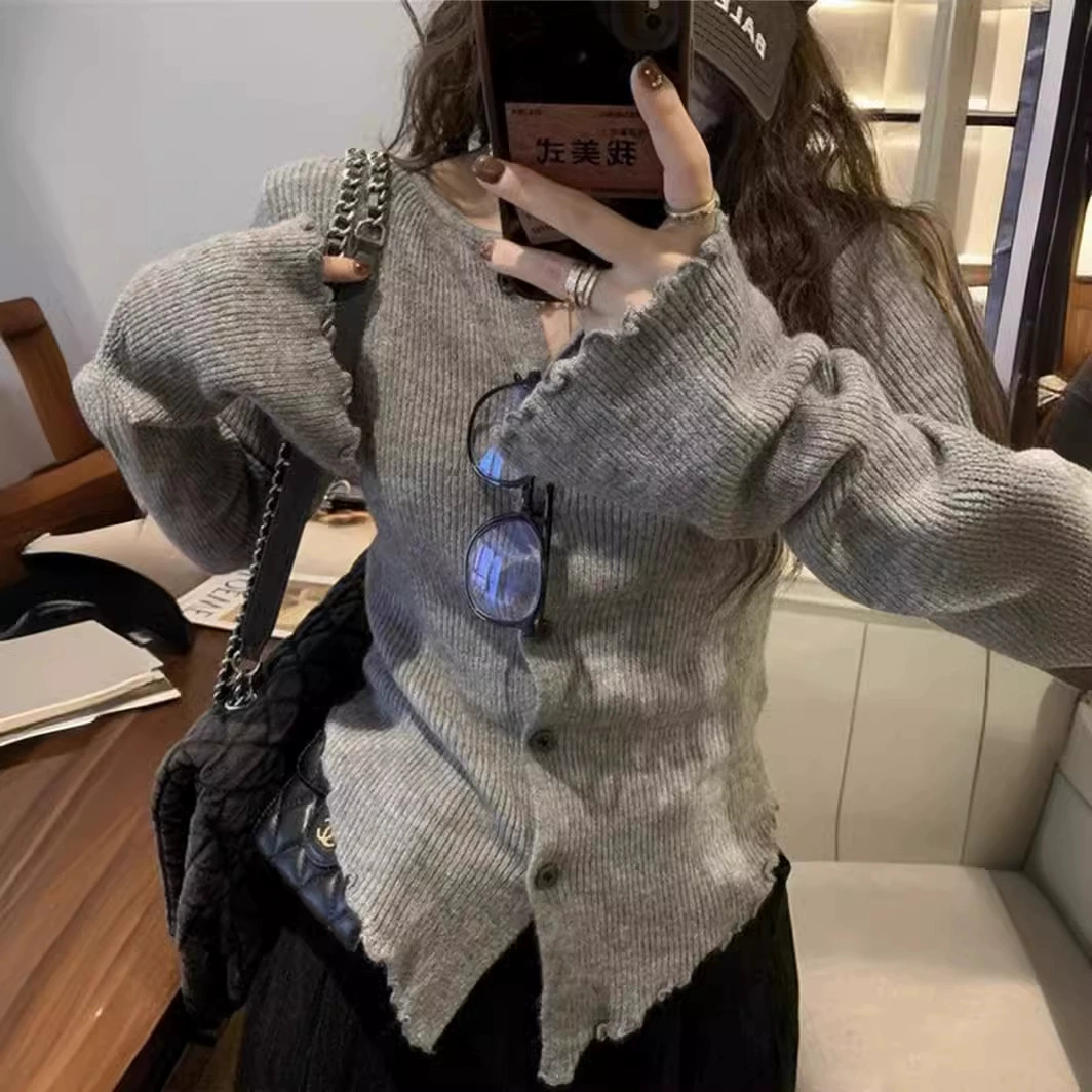 Серый нерегулярный трикотажный нижний свитер женский новый дизайн