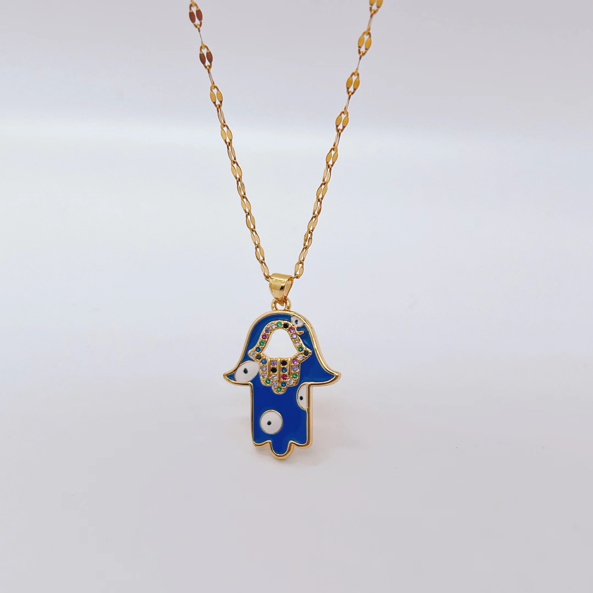 Retro Devilu0027S Eye Palm Titanium Steel Necklace Inlay Rhinestone Stainless Steel Necklaces