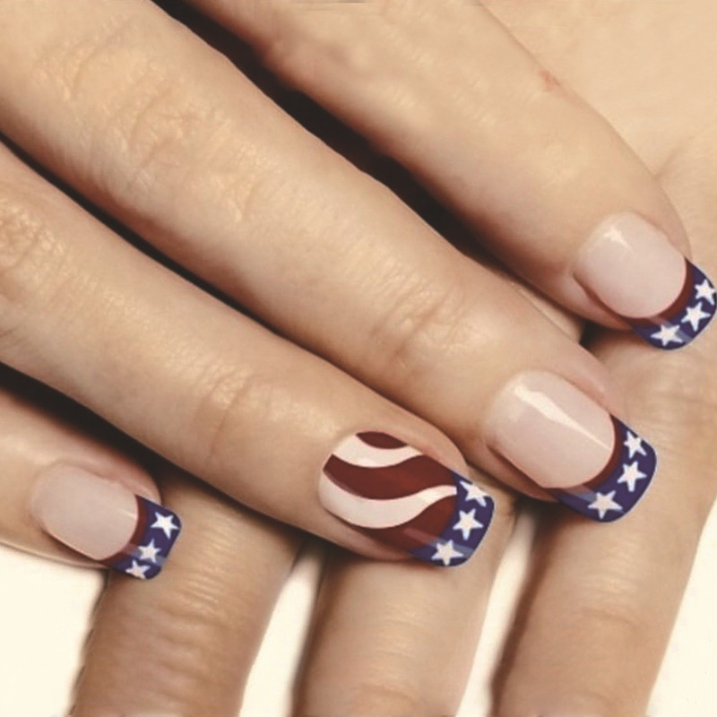 American Independence Day Short Method Skin Color Nail Wearing Nail Pieces Red and White Curved Five-pointed Star Design Finished Fake Nail