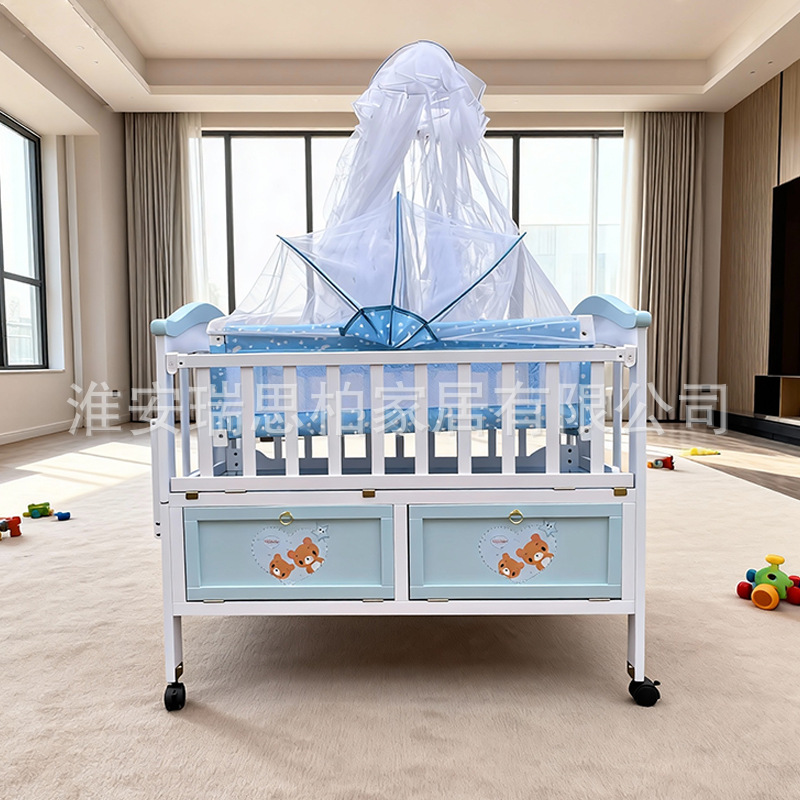 Multifunctional Solid Wood Baby Crib, in Stock, Movable and Connectable to a Large Bed, with Wheels, Baby Cradle Mosquito Net, Cross-Border
