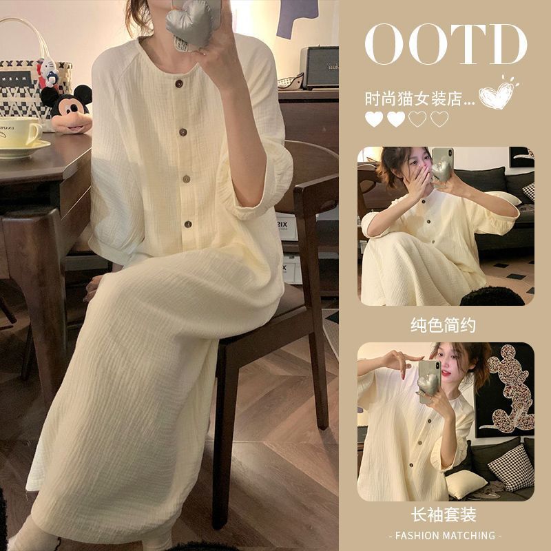 Korean Style Solid Color High-grade Sense Double-layer Cotton Yarn Long-sleeved Pajamas Women's Spring and Autumn 2025 New Pure Cotton Home Clothes Nightgown