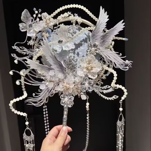 "streamer" round fan bride wedding happy fan material bag diy heavy industry wedding xiuhe wedding handmade antique style