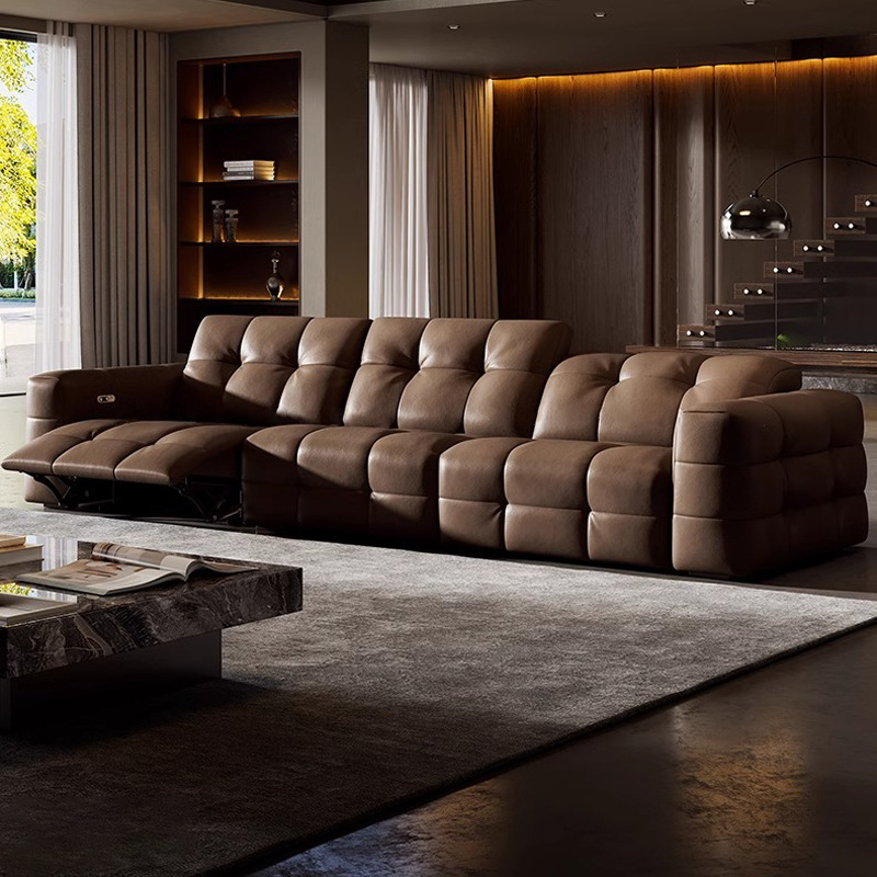 Sofá de cuero funcional eléctrico de primera capa de piel de vaca estilo italiano minimalista sofá de algodón de azúcar sin pared sofá recto nuevo