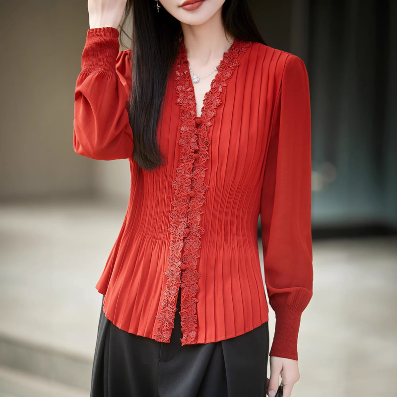 French-Style Elegant Lace-Trimmed Chiffon Blouse with Pleated Waist, Stylish V-Neck Slim-Fit Long-Sleeve Shirt for Women